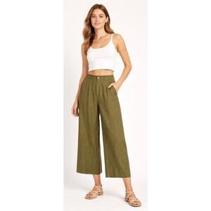 Joie Linen Blend Pants Women S Olive Green Wide Leg Cropped Beachy Coastal
